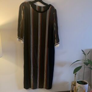 Elegant Black Multicolor Striped Long Sleeve Dress - Preloved